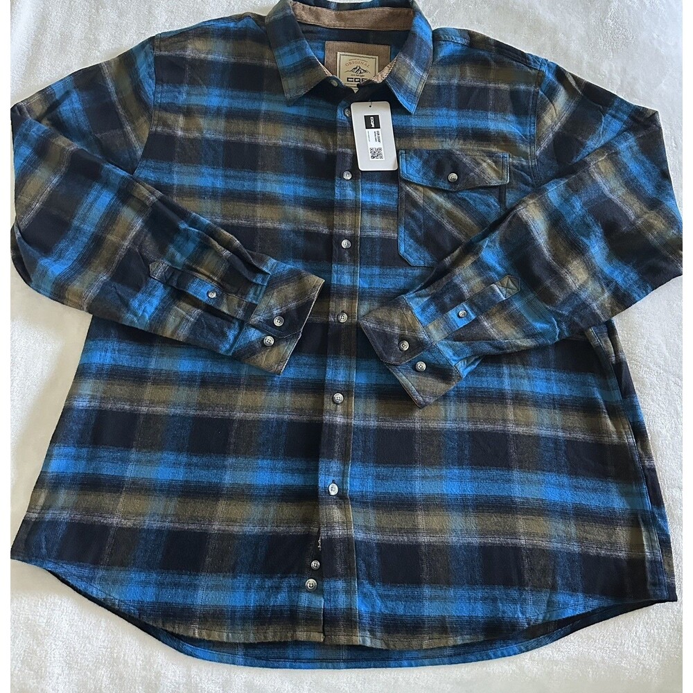 NEW CQR Mens Flannel Shirt Plaid Long Sleeve Corduroy Collar Blue Black 2XL NWT